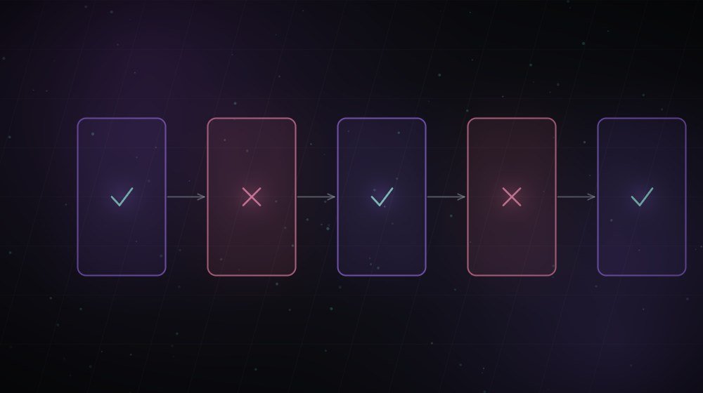 Cinco portões em sequência; três aprovados em verde e dois barrados em vermelho